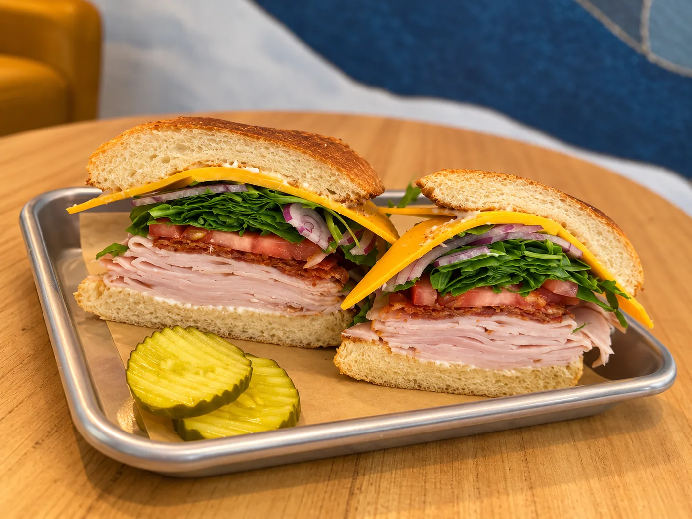 Turkey club on a sourdough roll with pickles