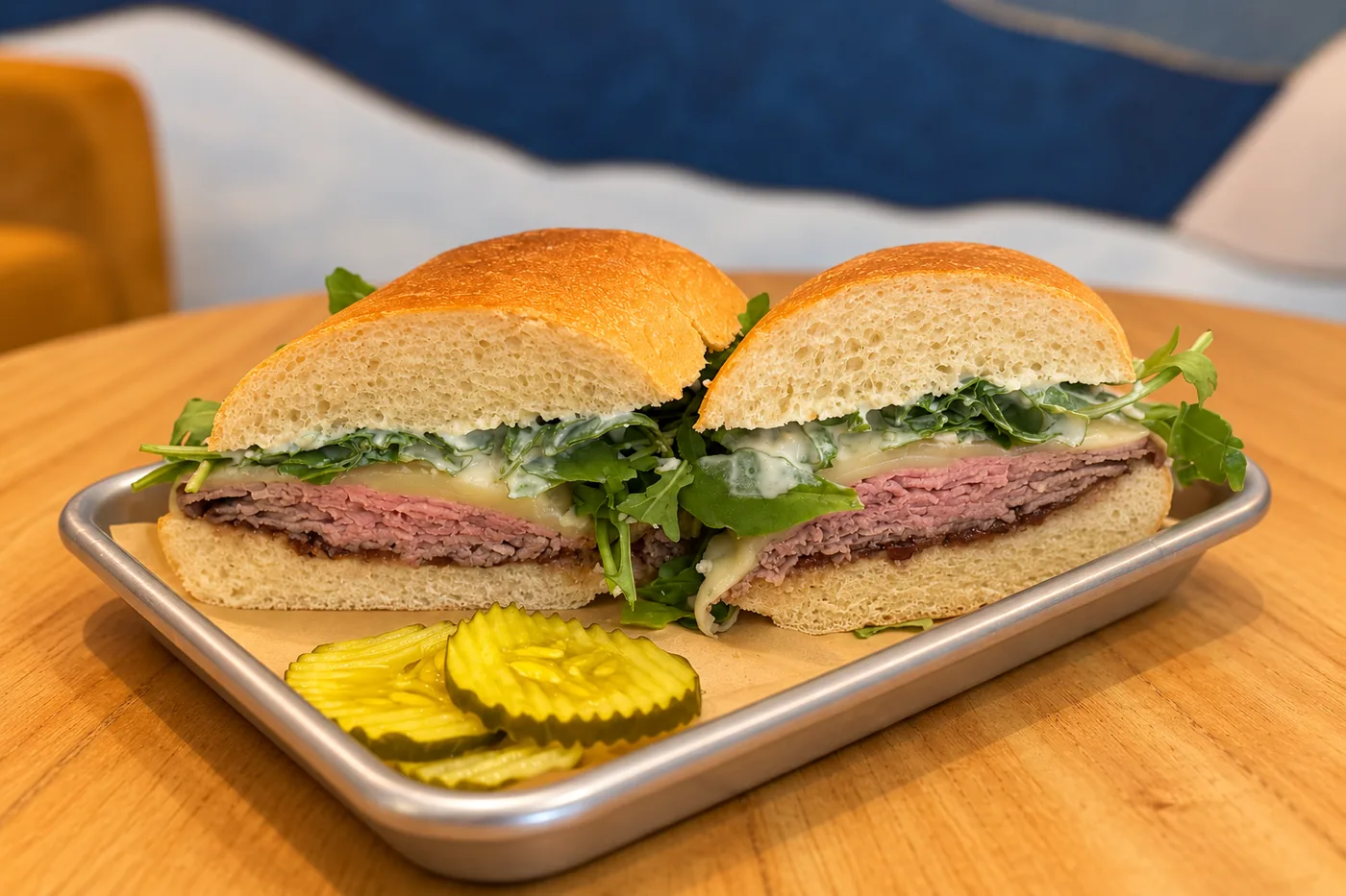 Roast beef deli sandwich on a sourdough roll with pickles