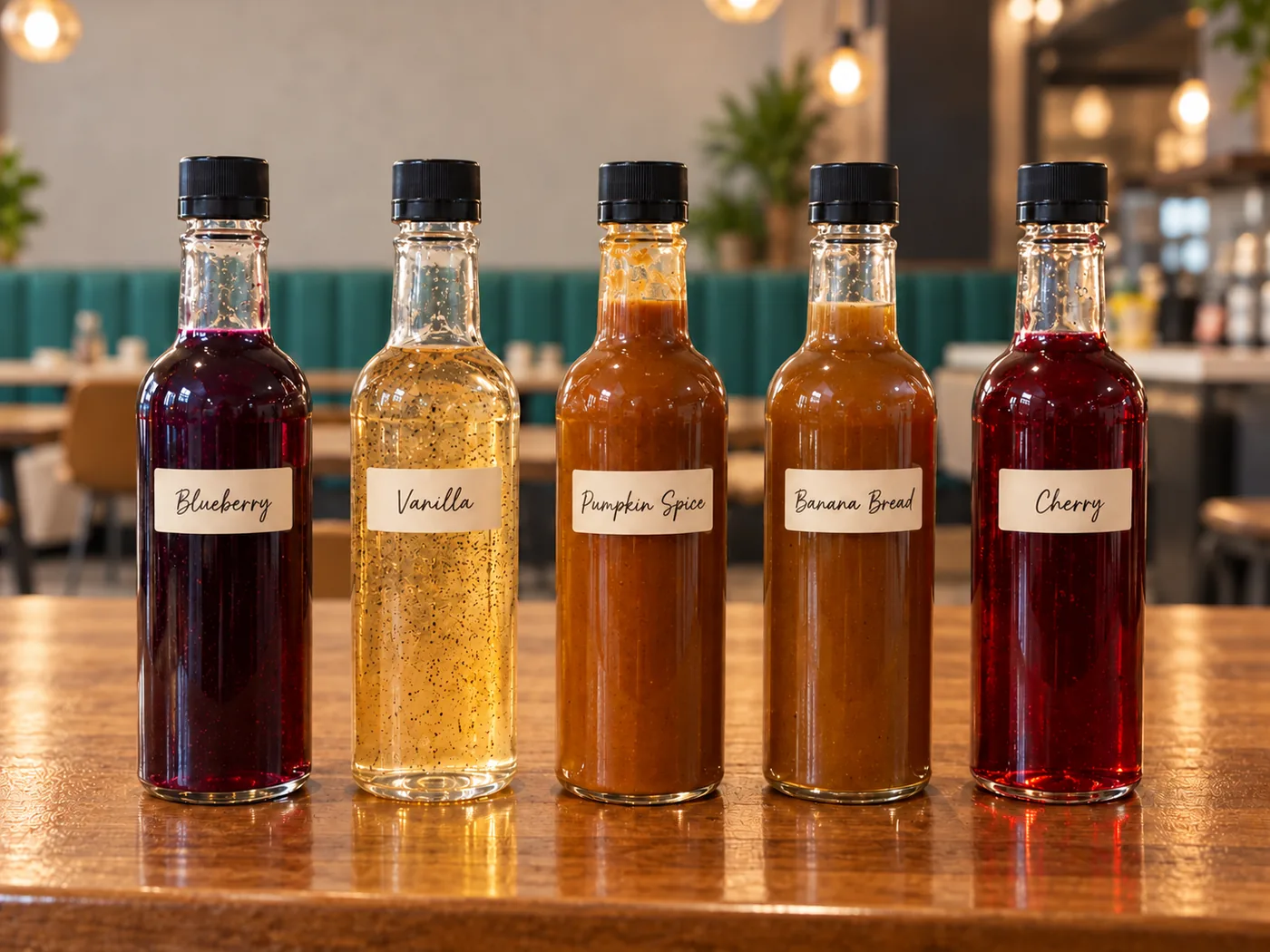 Bottles of house made syrups: blueberry, vanilla, pumpkin spice, banana bread, cherry